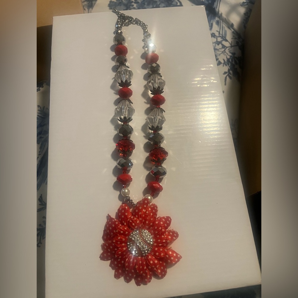 Red and Silver Floral Necklace with baseball charm
